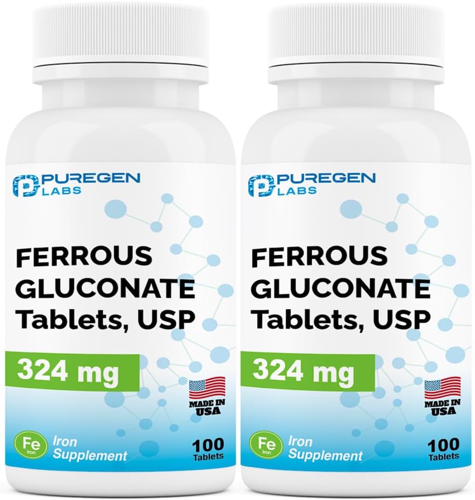 Puregen Labs Ferrous Gluconate 324 mg [High Potency] Eisen Supplement, Gentle on Stomach | 2 Pack - 200 Tabletten insgesamt