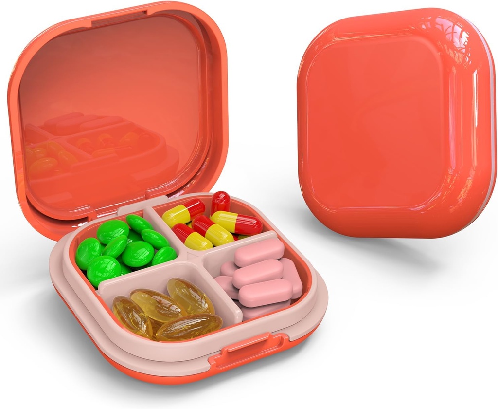 Daily Pill Organizer 4 Compartiments, Petite Pill Box Portable Travel Pill Case, Mini Pill Container pour Purse Pocket, Compact Travel Medicine Organizer pour la vitamine, l'huile de foie de morue, Supplément (Pink)