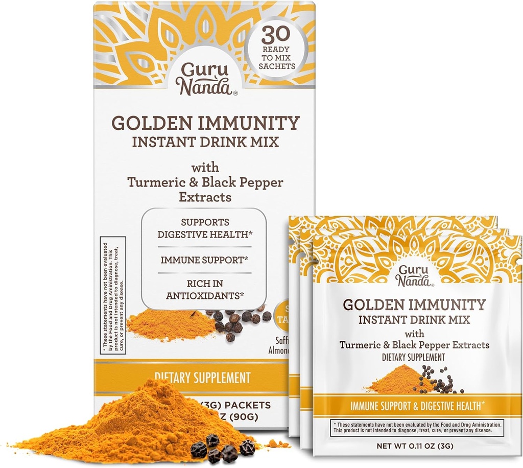 GuruNanda Golden Immunity Instant Drink Mix mit Turmeric & Black Pepper - Reich an Antioxidantien zur Unterstützung Immunsystem & Verdauungs-Gesundheit - Saffron & Mandel geflammt, On-The-Go Sachets (30 Count)