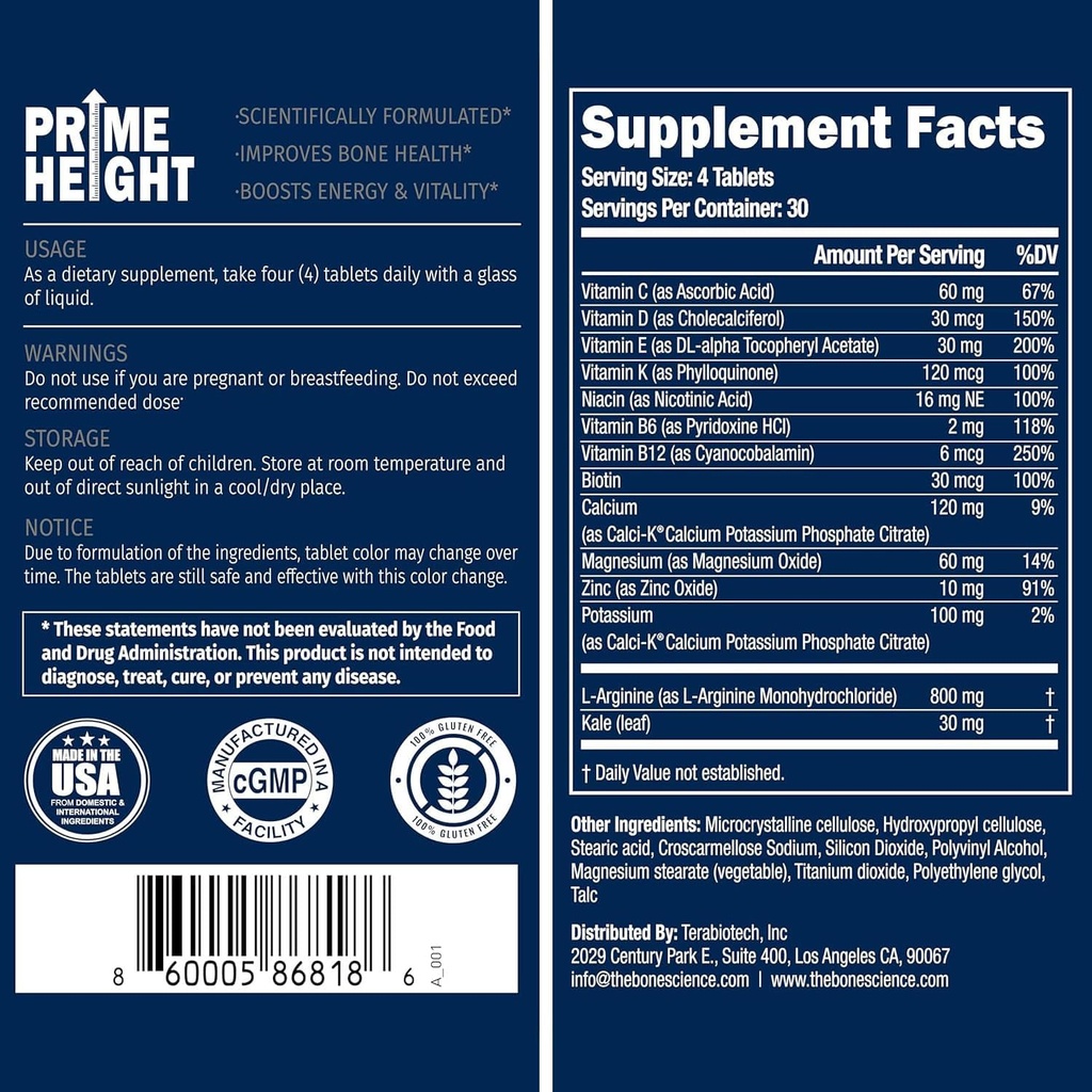 BONE SCIENCE - Prime Height Bone & Joint Formula - Natural Health Supplement für Kinder, Jugendliche & Erwachsene, Energie & Immununterstützung, Vegan, Non-GMO - 120 Tabletten