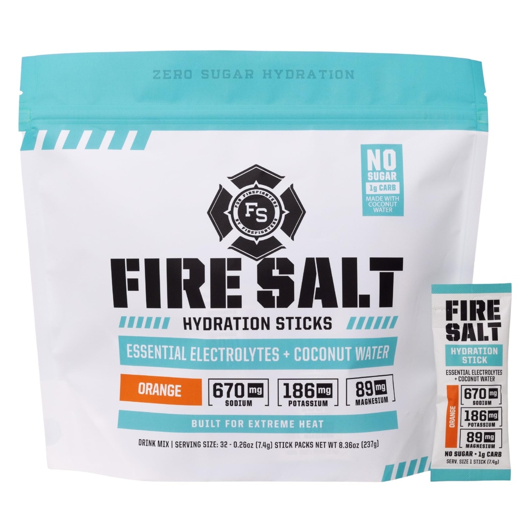 Fire Science Fire Salt Hydratation Sticks, Electrolytes & Eau de noix de coco, Mélange d'hydratation avec Magnésium, Potassium & Sodium, Zéro Sucre, Uniquement Servir sur le Go Packs, Vegan, Orange Flavor, 32 Comte
