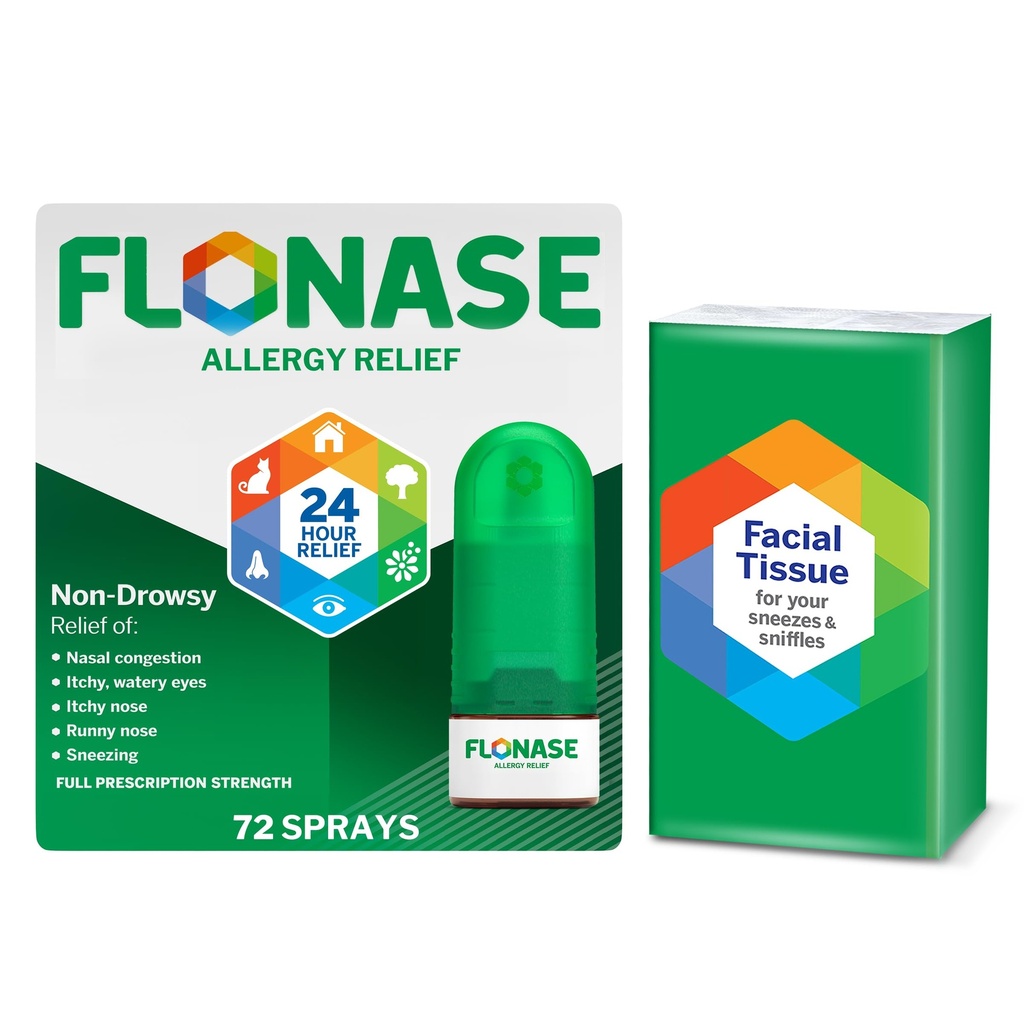 Flonase Allergy Relief Nasenspray, 24-Stunden-nicht-Drowsy Multi-Symptom Relief - 72 Sprays plus Bonus Pack von Tissues