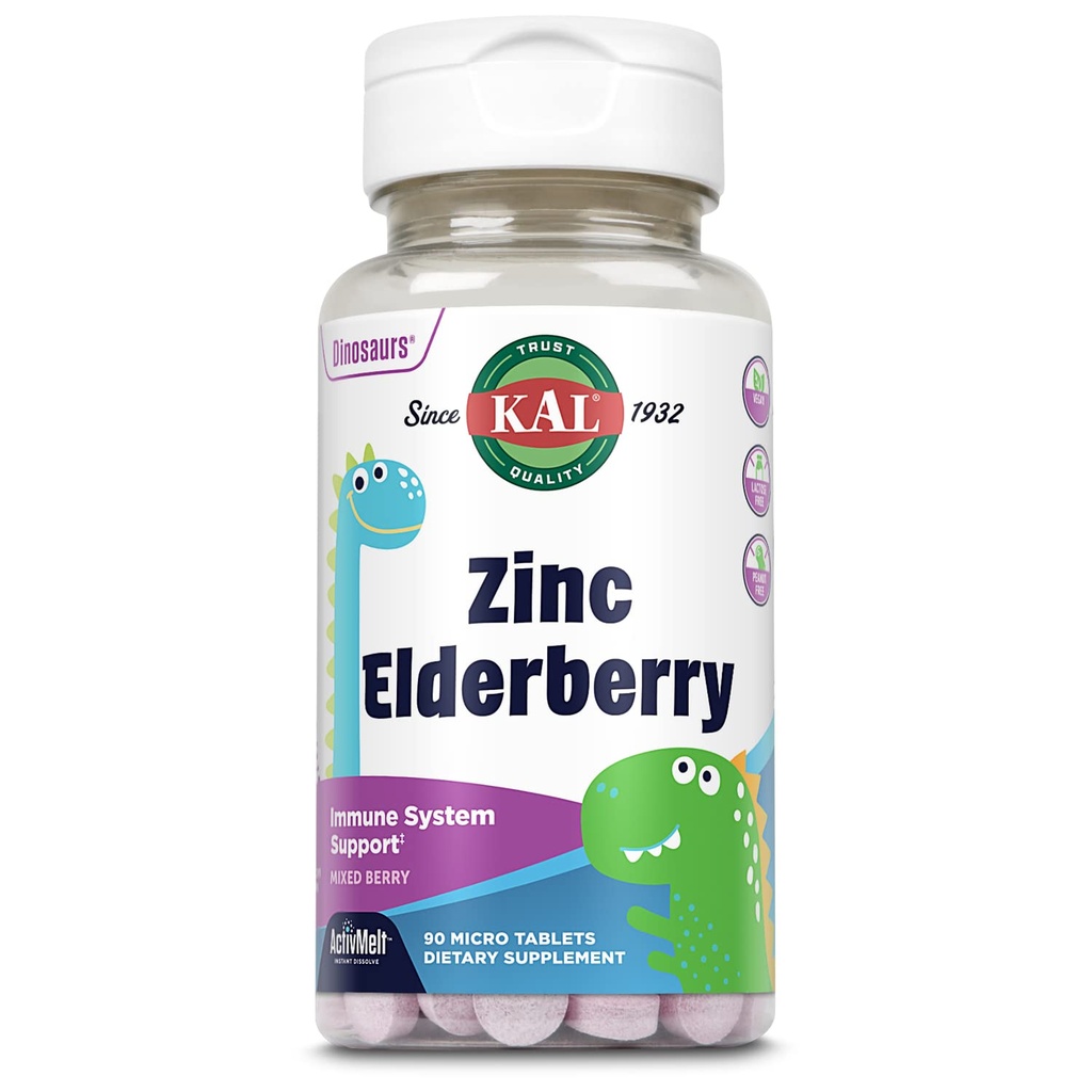 KAL Kinder Zink Elderberry Dinosaurs, Immununterstützungsergänzung* für Kinder w/ Sambucus Elderberry, Fast Dissolving Mixed Berry ActivMelts, Fun, Tasty Dino Shapes, Vegan, 90 Servierungen, 90 Micro Tablets