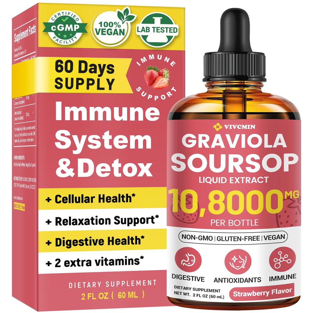 Graviola Soursop Blatt Extrakt Flüssigkeit - Soursop Bitters Flüssigkeit, Unterstützung Immune, Relax, Leber und Schlaf, Zucker & Alkoholfreie, Highly Absorbable Formel, Erdbeeren Geschmack, 2 Fl Oz