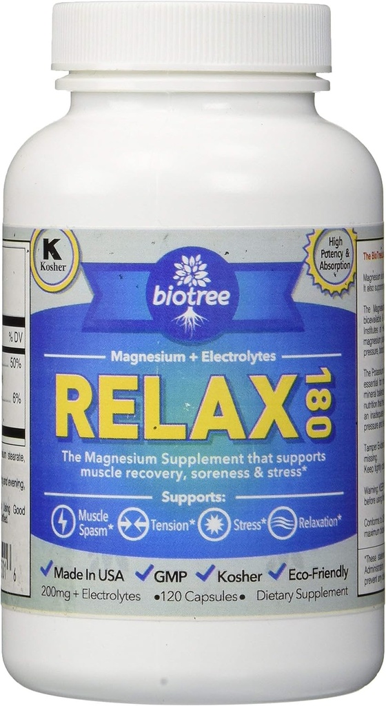 BioTree Labs Relax 180 - Pack of 120, Magnesium & Potassium Supplement with Electrolytes | Supports Muscle Pain, Spasms & Tension | 60 Days
