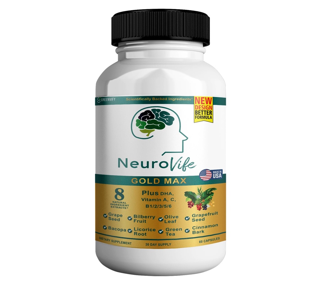 NeuroVife Gold Max Brain Support Supplement | 8 Natürliche Extrakte mit DHA, Vitamine A, C, B Complex | 60 Veggie Kapseln | Made in USA (1)