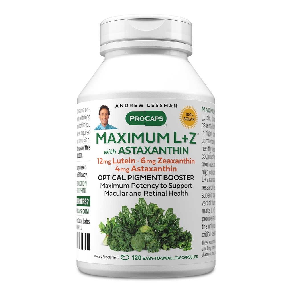 ANDREW LESSMAN Maximum L+Z mit Astaxanthin 120 Softgels - 12mg Lutein, 6mg Zeaxanthin, 4mg Astaxanthin. Hauptnährstoffe zur Unterstützung von Augen- und Gehirngesundheit und zur Förderung gesunder Vision.