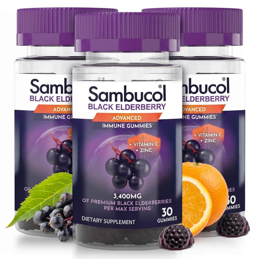 Sambucol Black Elderberry Gummies - Elderberry mit Zink und Vitamin C für Erwachsene, Sambucus Elderberry Gummies, Immun Support Gummies - 30 Count, 3 Pack