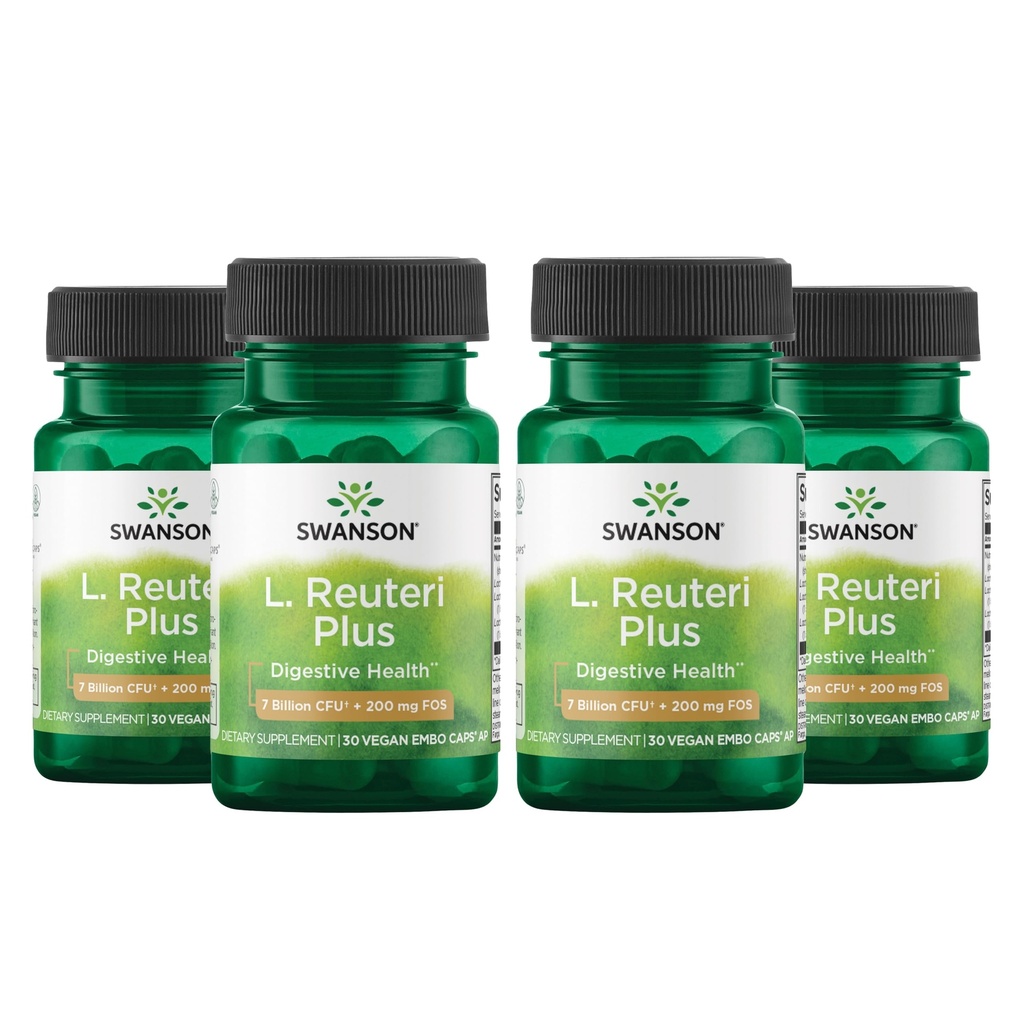 Swanson L. Reuteri Probiotic Plus w/L. Rhamnosus L. Acidophilus & FOS Prebiotic Digestive Support - Promotes Gut Health w/ 7 Billion CFU pro Kapsel - (30 Veggie Capsules) (4 Pack)