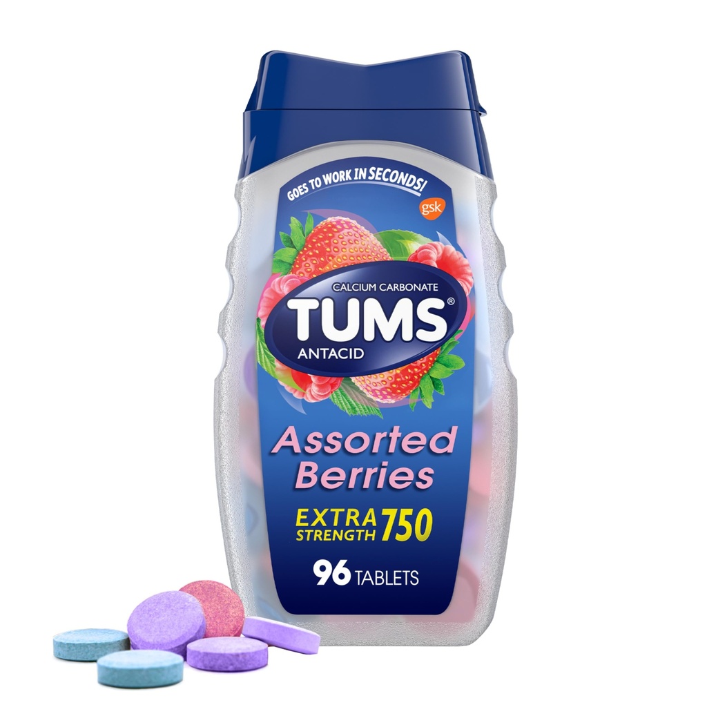 TUMS Extra Strength Assorted Berries Antacid Tablets for Heartburn Relief, 96 count