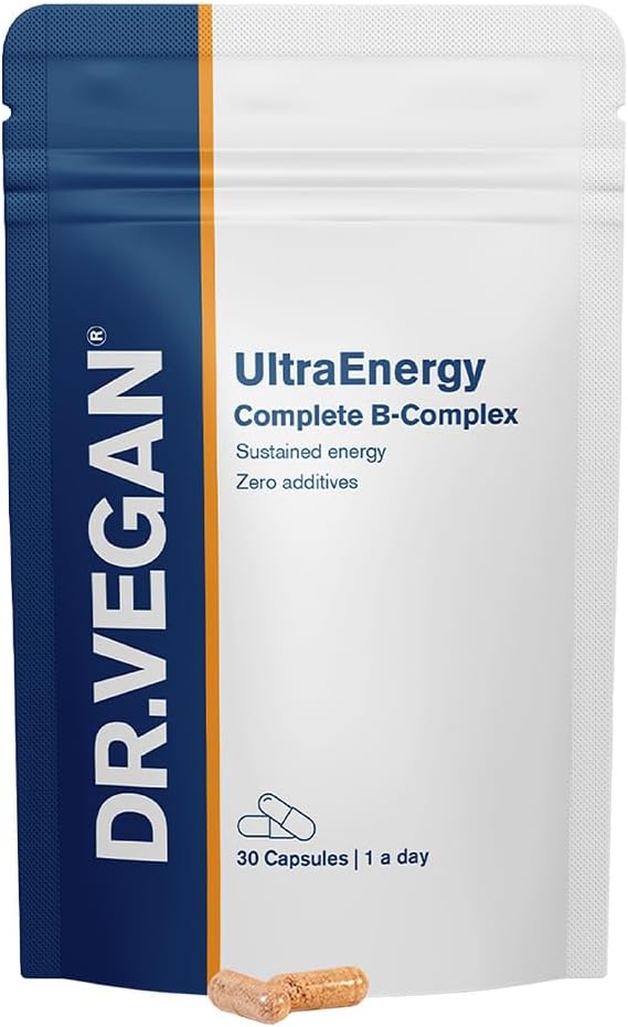 DR.VEGAN UltraEnergy | High Strength B Vitamin Complex, 30 Vegan-Friendly Capsules | Inklusive Vitamin B12 (100ug), Choline (50mg), Biotin (50ug) und Folate (200ug) | One-A-Day