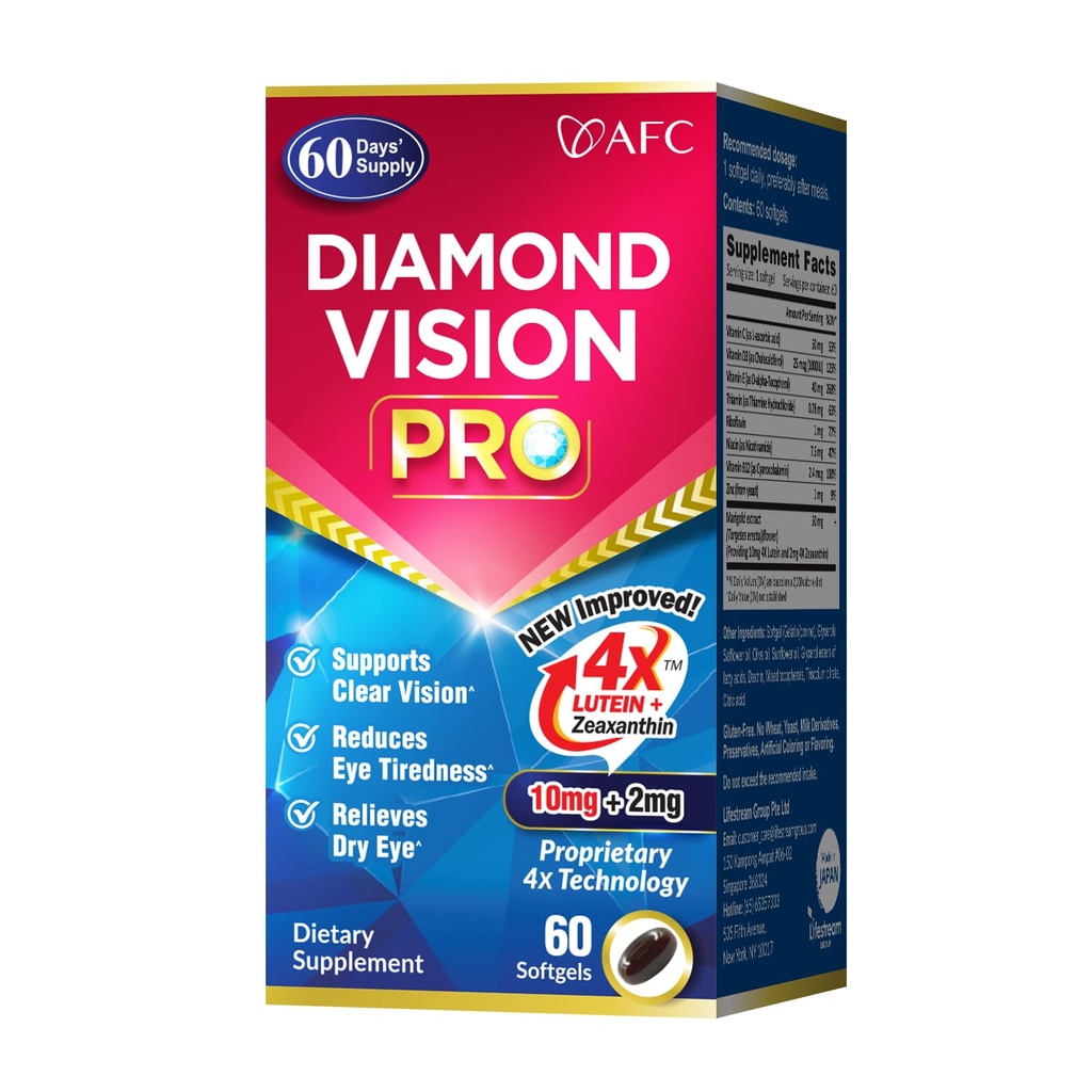 AFC Japan Diamond Vision PRO – Verbesserte, Up-Sized Formel - Lutein & Zeaxanthin 4X mit Augen-Vitaminen – Visuelle Gesundheits-Ergänzung für Erwachsene, Screen Exposure, Night Use, 60 Softgels