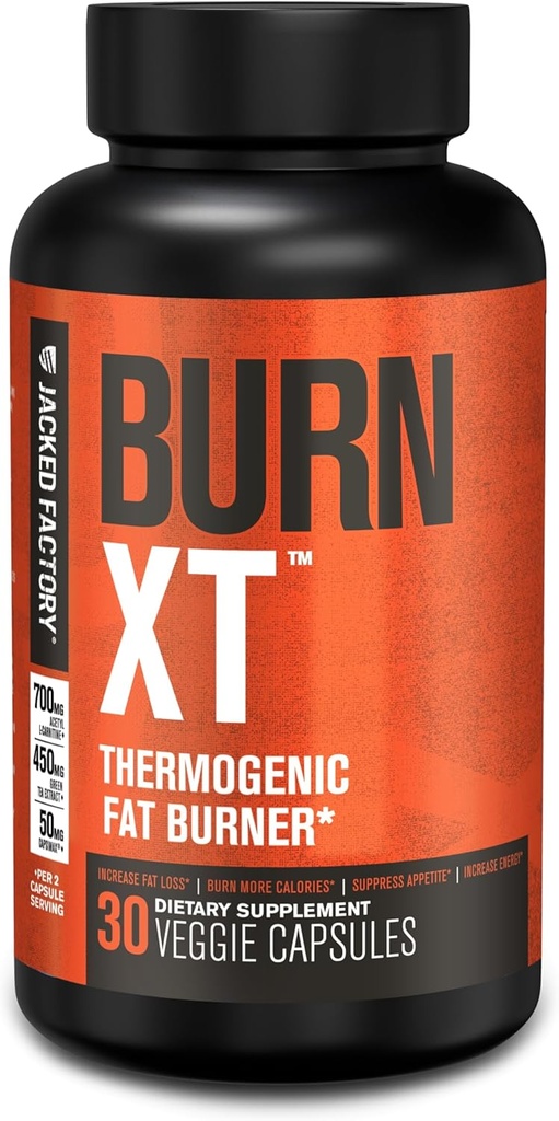 Jacked Factory Burn-XT für Männer und Frauen - Verbesserung des Fokus und Steigerung der Energie - Premium Acetyl L-Carnitin, Green Tea Extract, Capsimax Cayenne Pfeffer, &amp; Mehr - 30 Natürliche Veggie Pillen