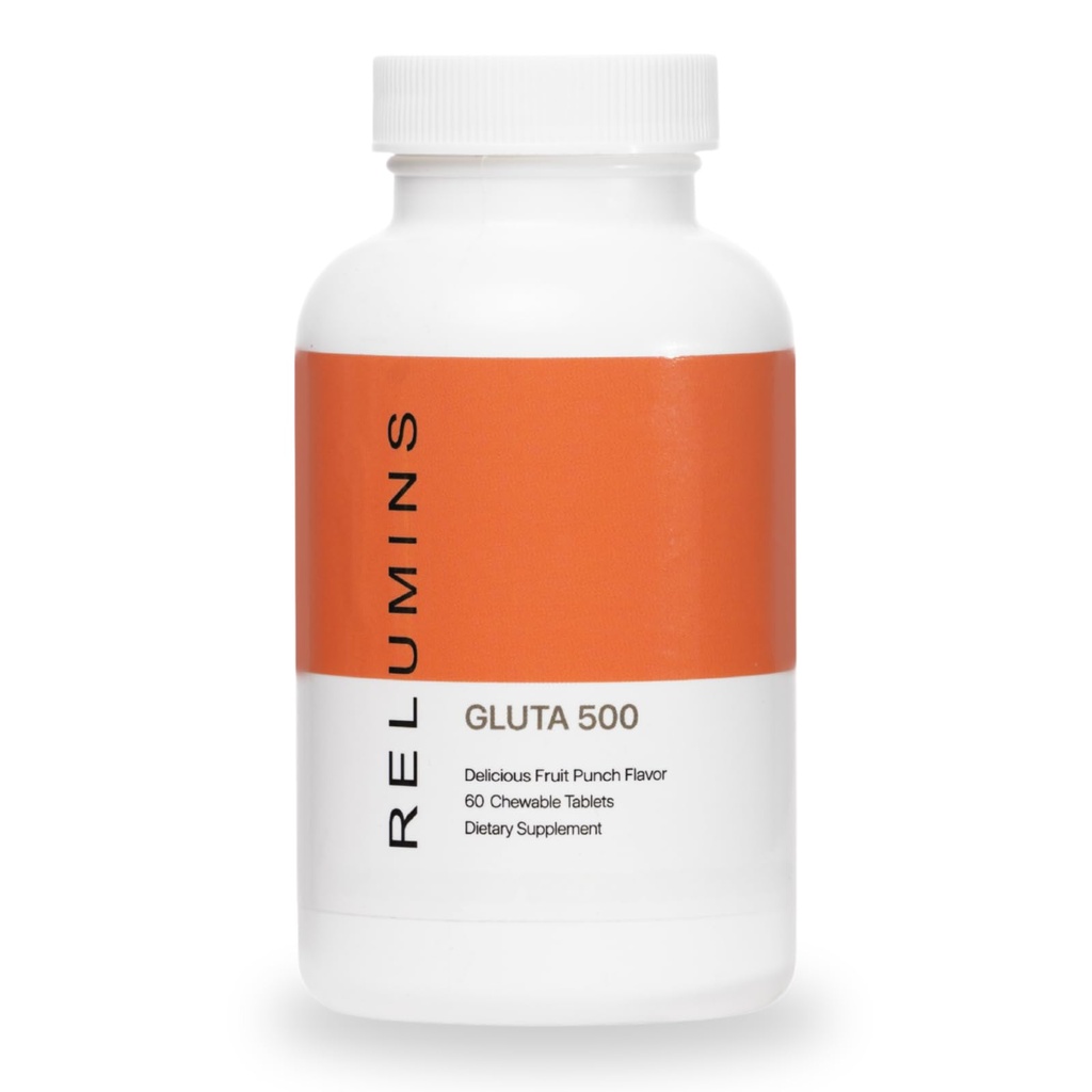 Relumines Gluta 500 Comprimés à croquer avec du glutathione, de l'acide hyaluronique, de la vitamine C, de la biotine et du collagène – Supporte les tons de peau et le glow – Fruit Punch Flavor – Fabriqués aux États-Unis – 60 comprimés