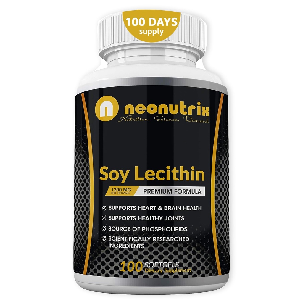 Soy Lecithin Capsules 1200mg (Ein Tag, 100 Softgels) Immununterstützungsergänzung Reich an Phospholipiden unterstützt Stoffwechsel, Gehirn & Herz Gesundheit & Zellfunktionen Made in USA Non-GMO von Neonutrix