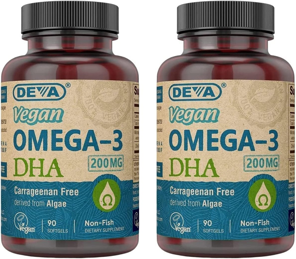 DEVA Vegan Omega-3 DHA Supplement - Einmal täglich Softgels 200 MG - Carrageenan Free - Gelatin Free - Non-Fish - Algae Oil Omega-3 Fettsäuren - 90 Softgels (Pack von 2)