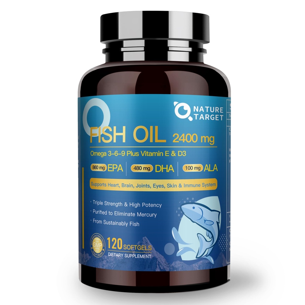 NATURE TARGET Triple Omega 3 6 9, Fischöl 2400mg Softgels mit Vitamin D3 & E - EPA & DHA & ALA - Unterstützt Herz, Gehirn, Gelenk & Immune Gesundheit, Sustainable Sourced, Non-GMO
