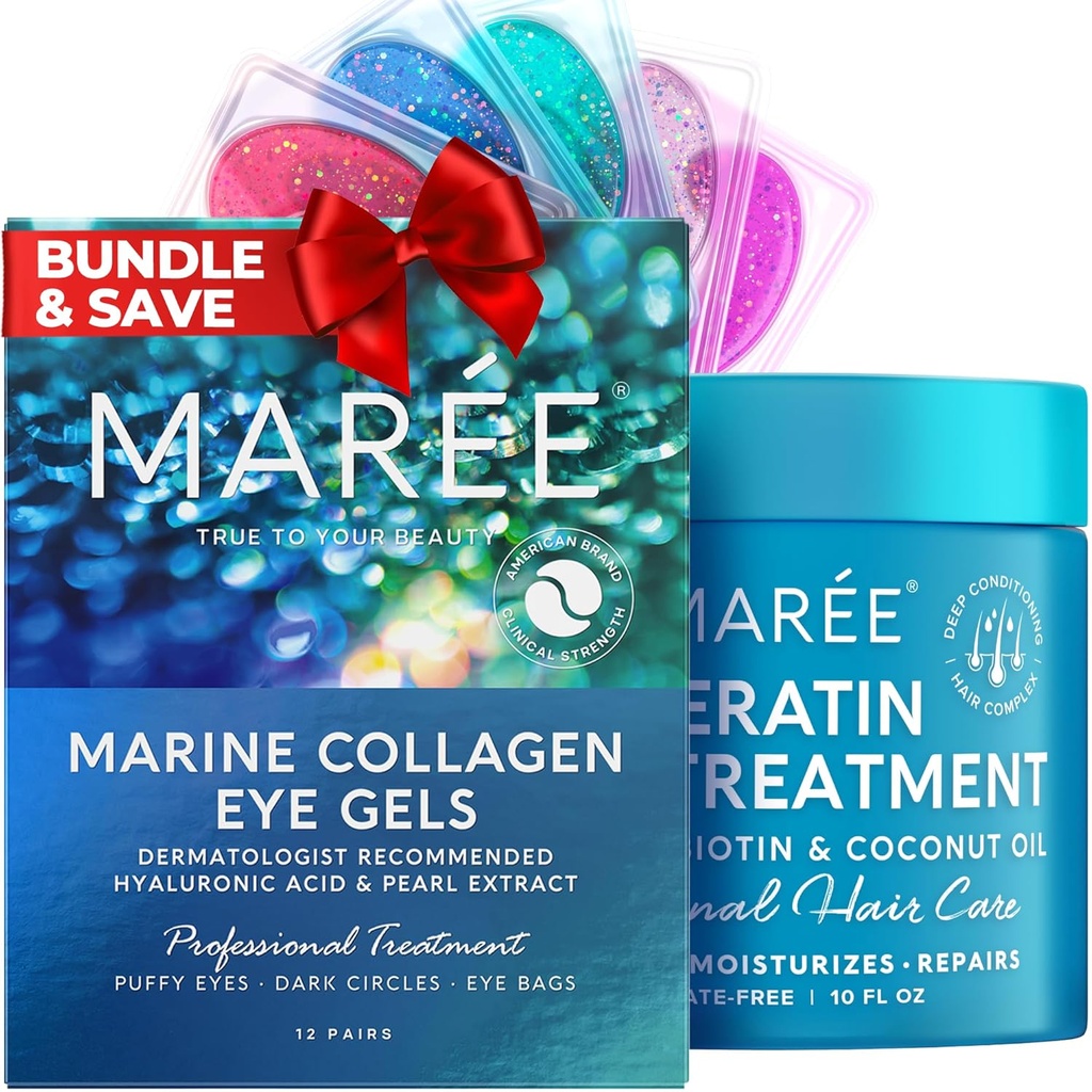 MAREE Complete Beauty Solution - Gels pour les yeux et masque pour cheveux, revitalisant - Collagène marin, acide hyaluronique, huile de noix de coco et kératine - Réduit les yeux puffy et les cercles sombres, hydratant les cheveux fins et crépus