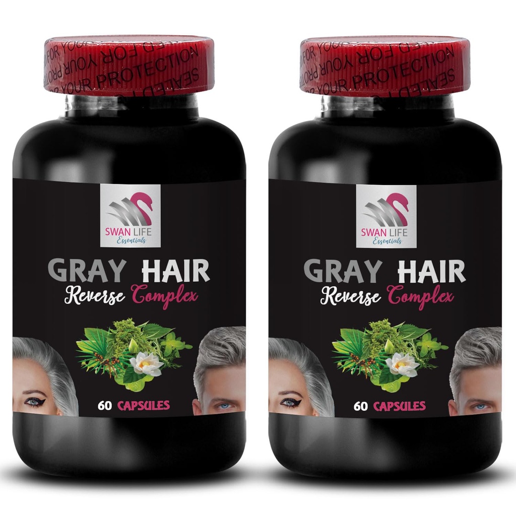 Haaranreicherung - GRAY HAIR REVERSE - Haar-Revitalizer, Farbe Boost, Radiant Haar, Haarschatten Wiederbelebung, Haartransformation, Glossy Haar, Jugendliches Aussehen, Rich Haarfarbe 2 Flaschen 120 Kapseln