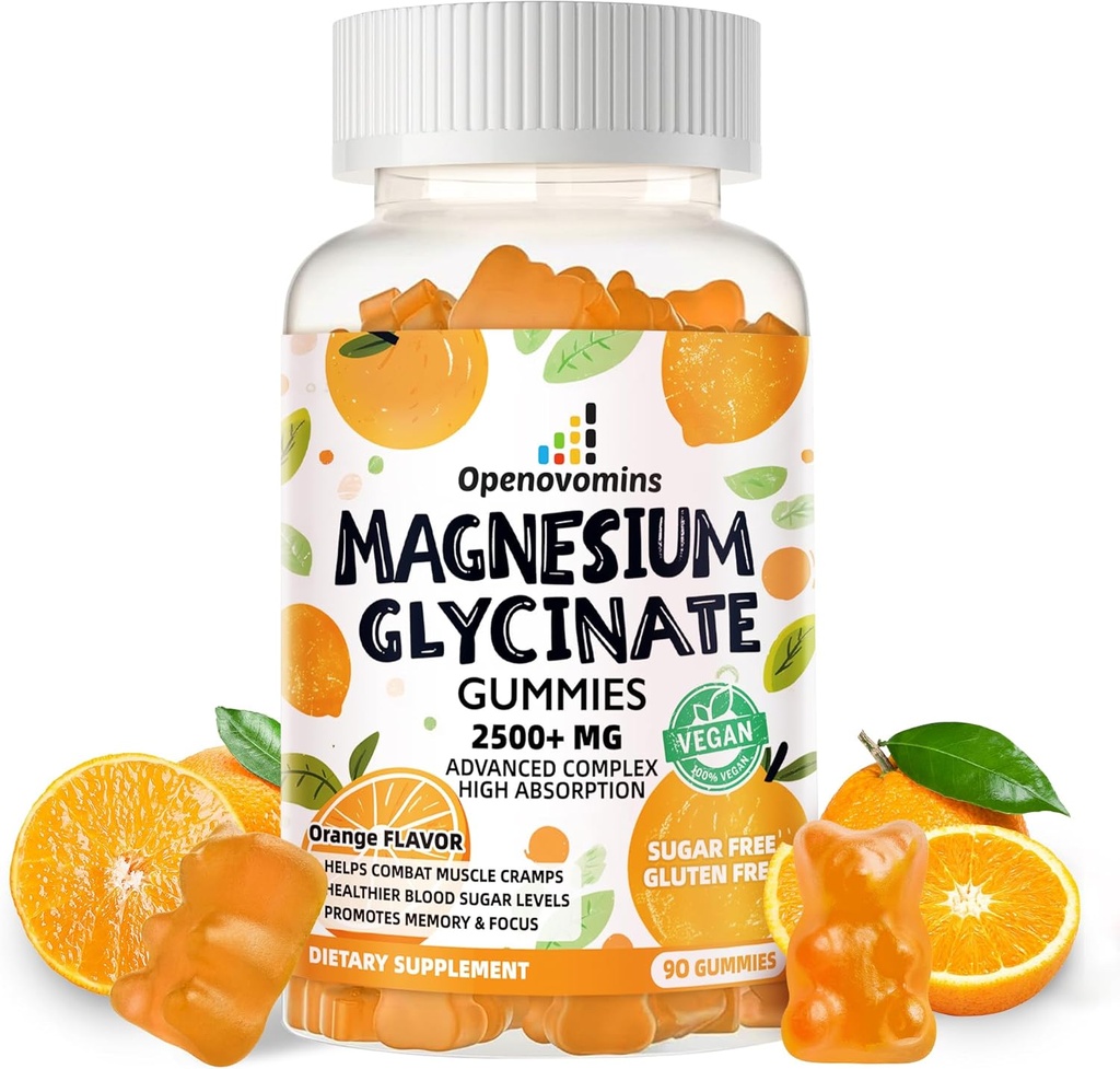 Glycinat de magnésium Gommies- Supplément de potassium de magnésium sans sucre avec vitamine D, B6, CoQ10 pour calme d'humeur et de sommeil - 90 Gommies oranges