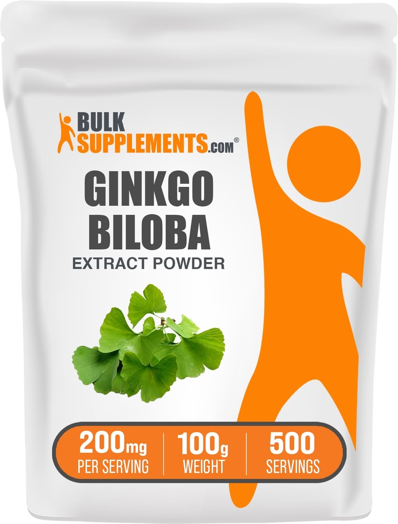 BulkSupplements.com Poudre d'extrait de Biloba de Ginkgo - de la feuille de Biloba de Ginkgo, source antioxydante, supplément à base de plantes - sans gluten, 200mg par portion, 100g (3,5 oz) (paquet de 1)