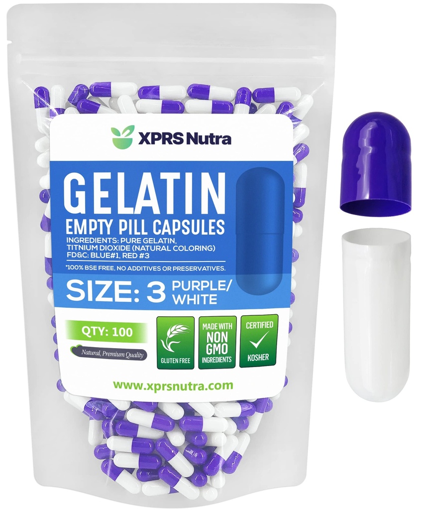 XPRS Nutra Größe 3 Leere Kapseln - 100 Graf Leere Gelatine Kapseln - Pillen DIY Kapsel Füllung - Pure Bovine Pill Gel Kapseln für Do-It-Yourself Ergänzungen (Purple/White)