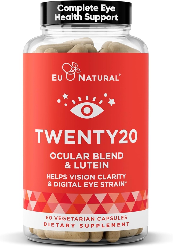 Vingt-20 Vitamines oculaires – Santé maculaire, souche oculaire, œil sec et santé visuelle – Extrait de lutéine et de bilberry – 60 capsules molles