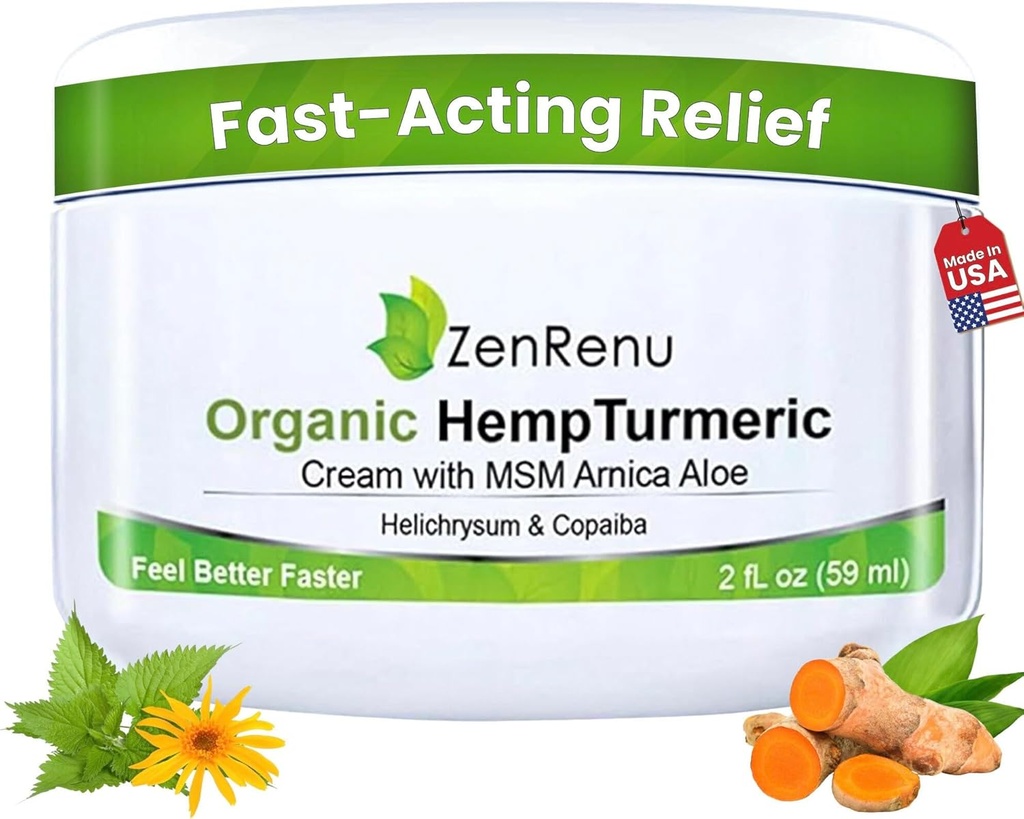 Zenrenu Organic Hemp Turmeric Joints & Muscle Cream avec Arnica, MSM, Extrait d'huile de chanvre, et 7 huiles essentielles - Absorbation rapide et non grasse pour le dos, le cou, les elbows, les genoux et la hanche 2 oz