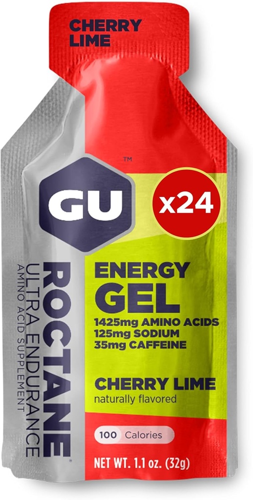 GU Energy Roctane Ultra Endurance Energy Gel, Vegan, Glutenfrei, Kosher und Dairy-Free On-The-Go Sports Nutrition for Running, Biking, Wandern oder Skifahren, 24-Count, Cherry Lime