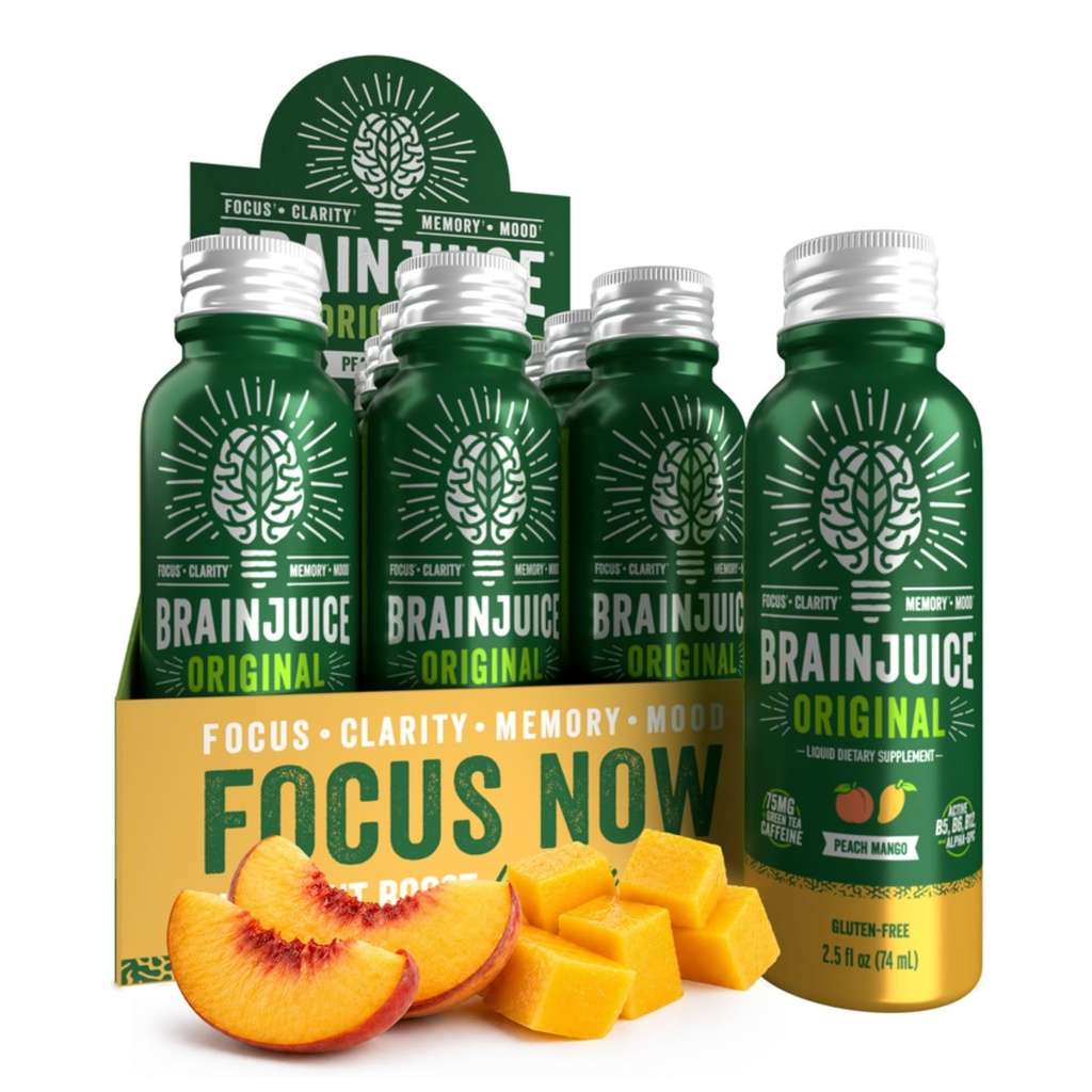 BrainJuice Brain Support du cerveau Shot, Gluten sans supplément shots pour l'énergie et la focus, boissons saines avec Alpha GPC, vitamine B et extrait de thé vert biologique caféine, pêche mangue, 2,5 fl oz, 12 Pack