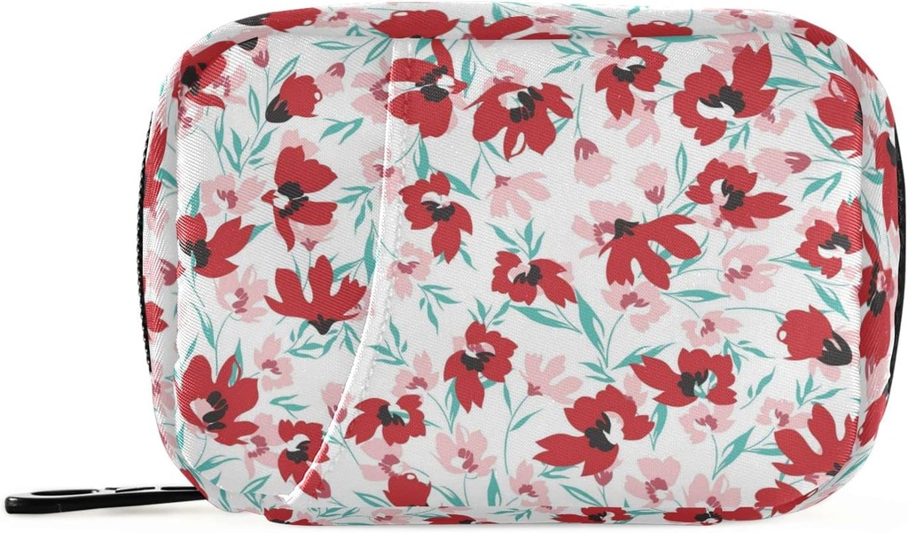 Rot Rosa Blumen Blumen Blumen Pille Box 7 Tage Pille Case Tasche Reise Pille Organizer Tasche mit Reißverschluss Tragbare Wochentasche Kompakte Größe für Vitamin Supplement Halter