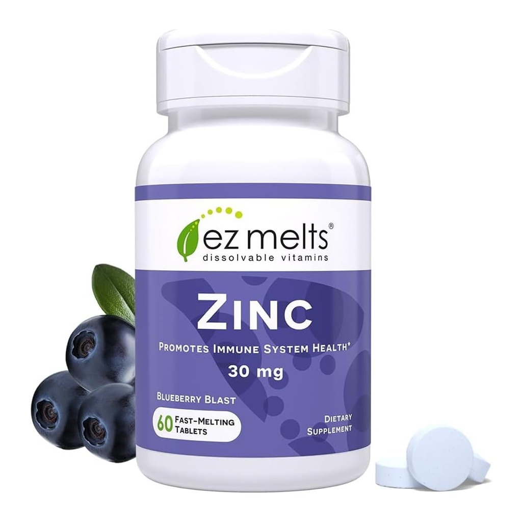 EZ Melts Zink - Ergänzung für Immun-, Verdauungs- und Hautgesundheitsunterstützung - Non-GMO, Vegan & Gluten-Free - Blueberry Blast - 60 Dissolvable Tablets (60 Servietten)