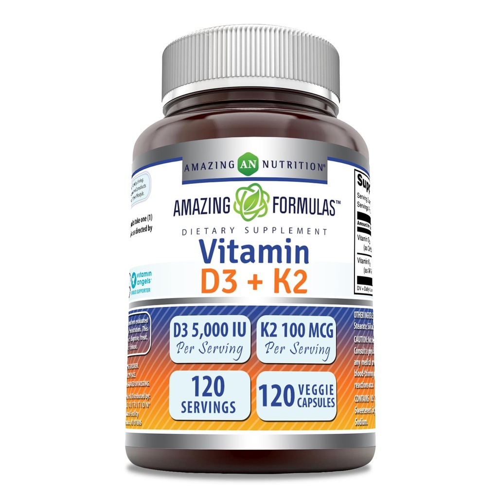 Erstaunliche Formeln Vitamin D3 5000 IU mit Vitamin K2 100 Mcg | 120 Veggie Kapseln Ergänzung | Non-GMO | Gluten Free | Made in USA