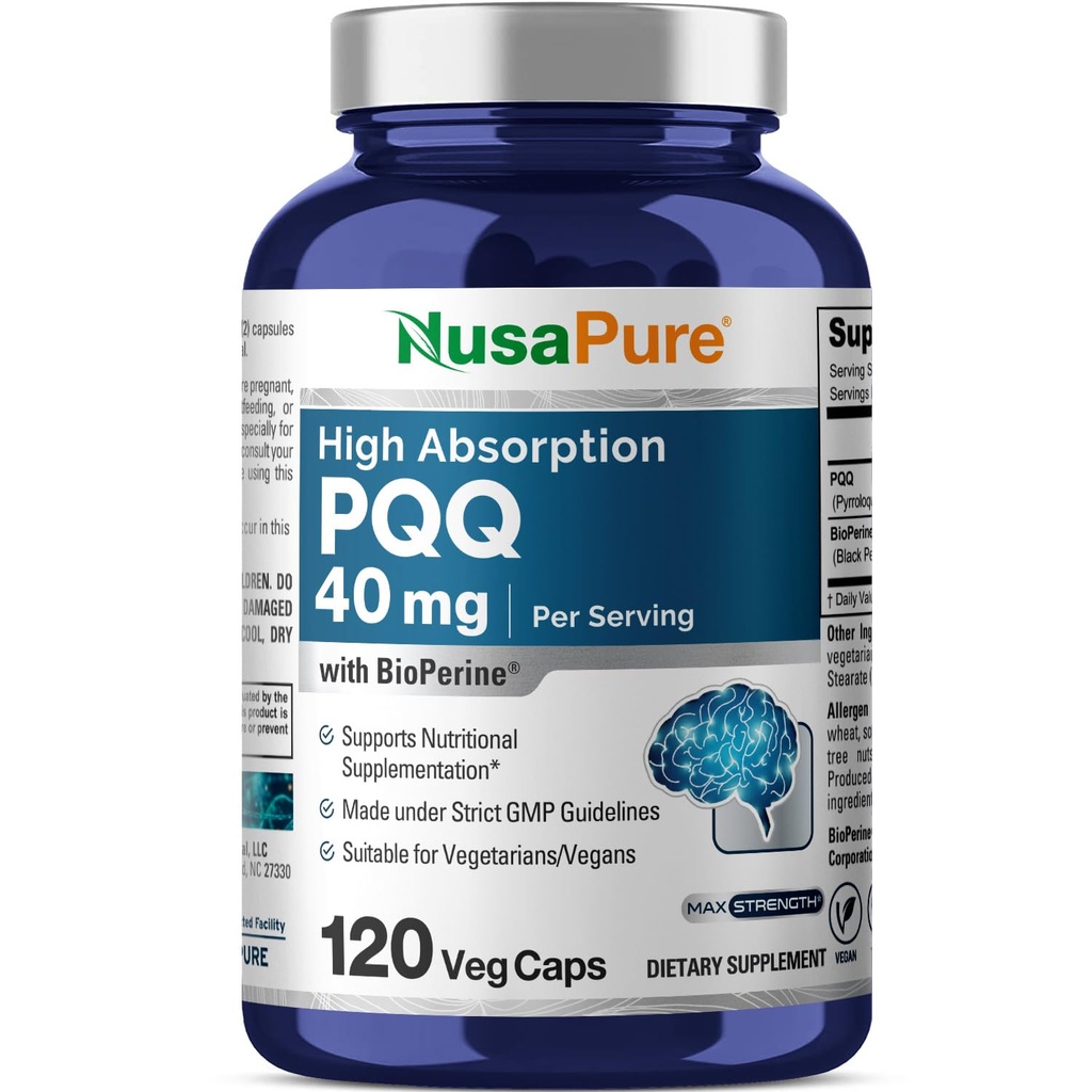 NusaPure PQ Supplement 40 mg, 120 Veggie Kapseln, Non-GMO, Pyrrolochinolin Quinone Dinatriumsalz, Bioperine