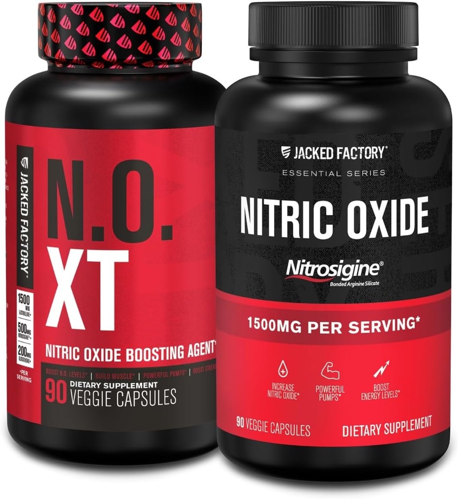 Jacked Factory N.O. XT Nitric Oxid Supplement (90 Kapseln) & Nitrosigine L-Arginin Nitric Oxid Booster (90 Kapseln) für Muskelwachstum, Pumpen, Vascularity & Energy
