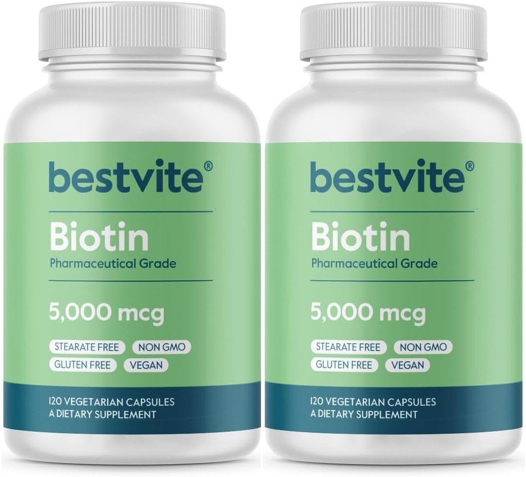 BESTVITE Biotin 5000mcg (240 capsules végétariennes) (120 x 2) - Pas de stéarates - Pas d'agents de débit - Vegan - Non OGM - Sans gluten - Cheveux, peau, ongles