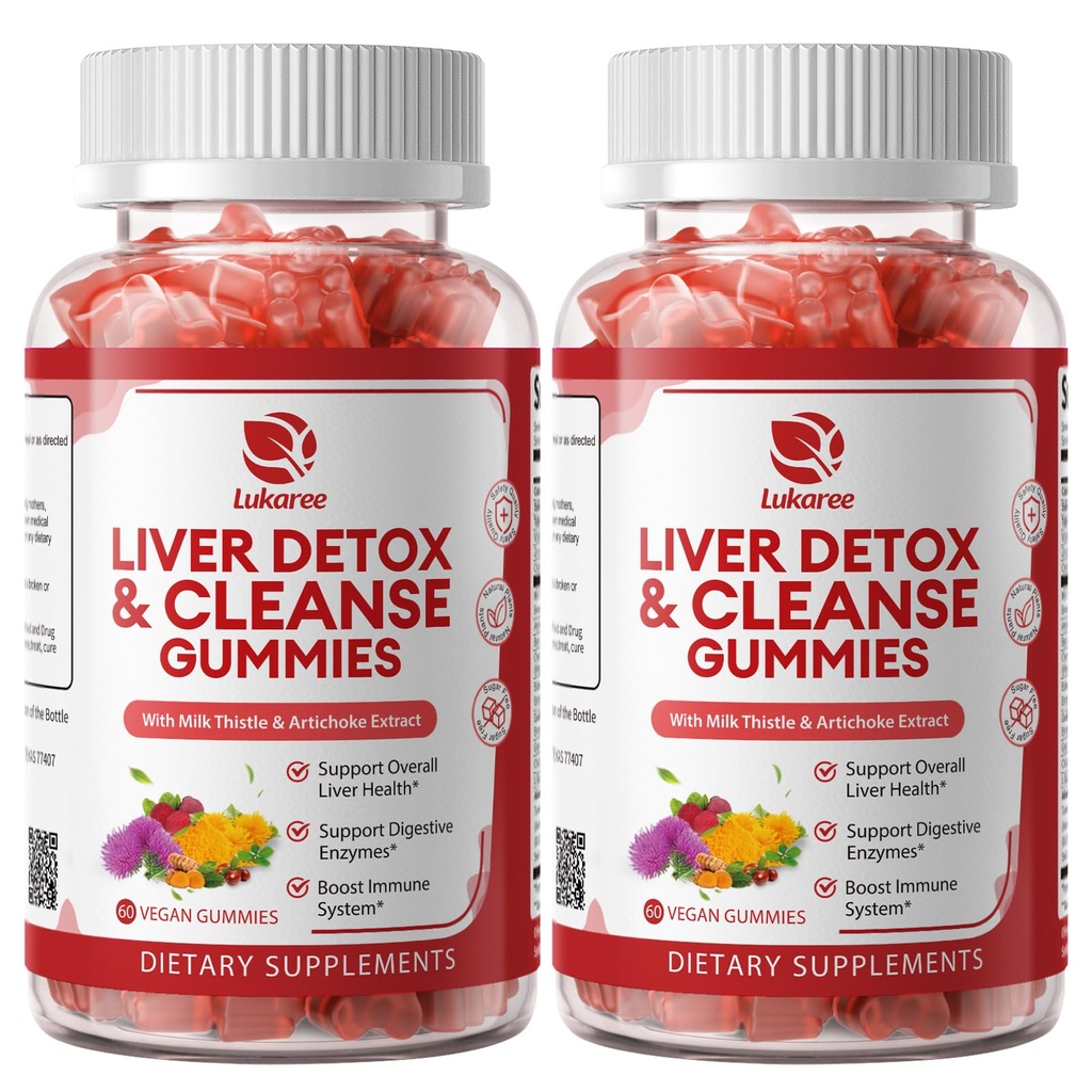 2 Pack Lukaree Liver Cleanse Detox & Repair Gummies Supplément de chardon sans sucre avec Artichok & L-Glutathion - Ultra-concentré soutien du foie à base de plantes pour les hommes et les femmes -Vegan,60 Comte