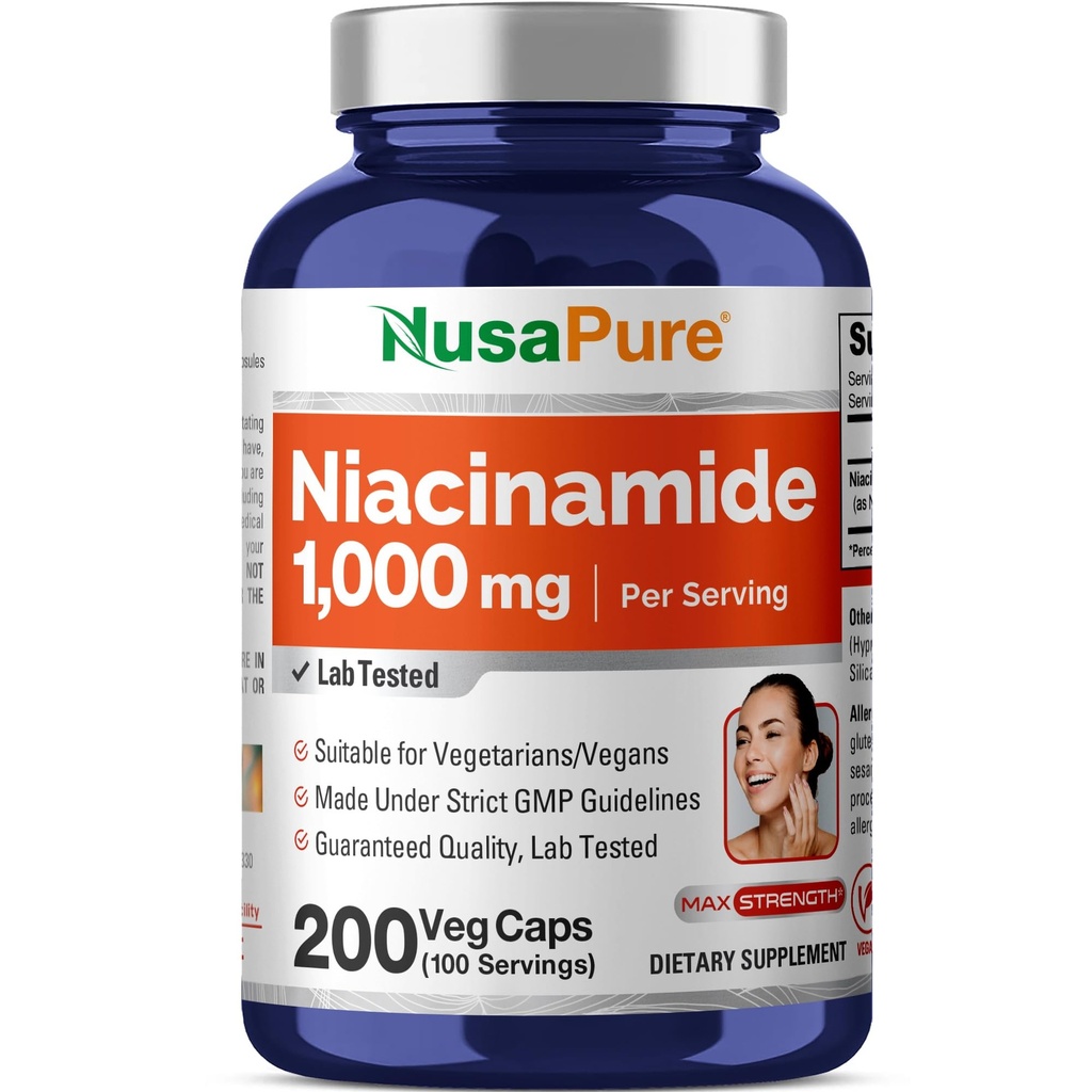 NusaPure Niacinamide 1000mg 200 Veggie Kapseln (Non-GMO, Vegan) Flösh Free