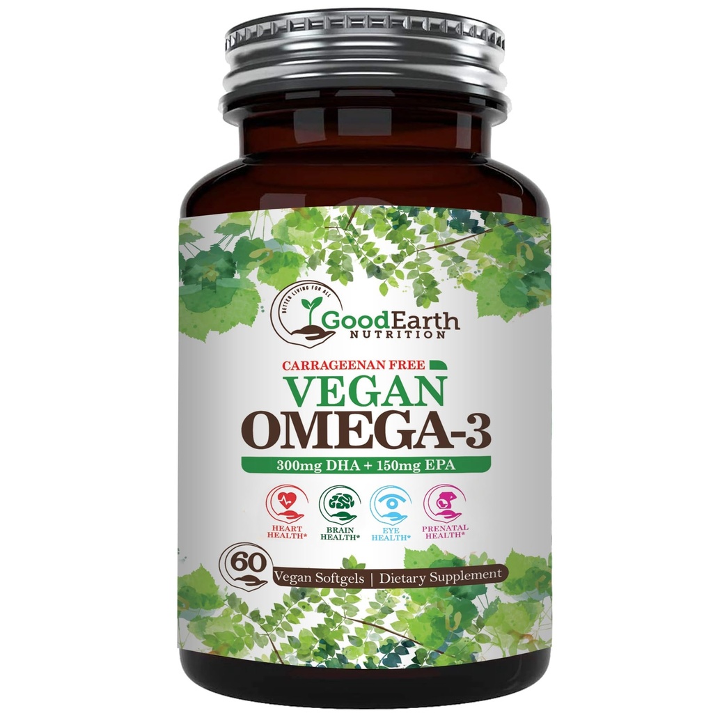 Vegan Omega 3 - Carrageenan sans plante à base d'algue DHA/EPA- 60 Veggie Softgels - soutient la santé cérébrale, cardiaque et prénatale - suppléments essentiels acides gras