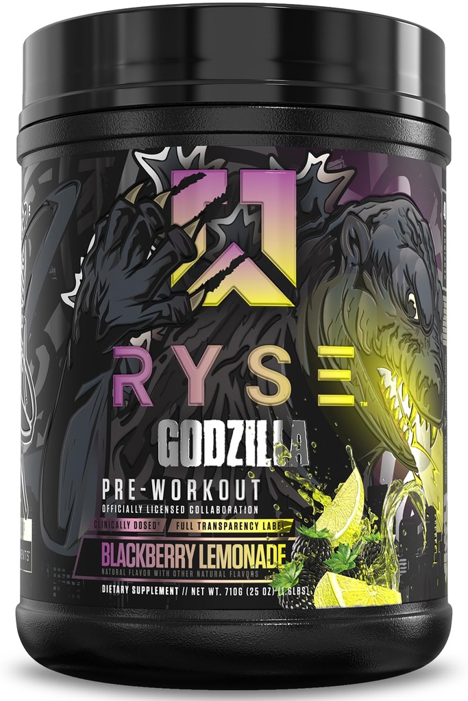 RYSE Godzilla X Noel Deyzel Pre Workout Powder - BlackBerry Lemonade - 400mg Koffein, High Stim Pre-Workout für Männer und Frauen mit Citrulline & Beta Alanine - Energie, Pumpe & Fokus - 20/40 Servierungen