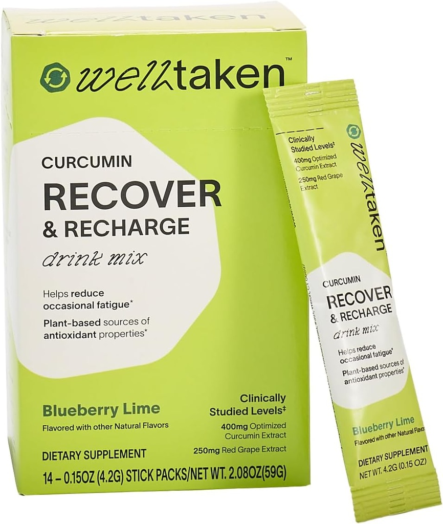 Kurkuminische Curcumin-Recover-Pulver - Blueberry Lime, 14ct Box - 400mg Optimierte Curcumin, Granatapfel, Roter Trauben - Hilft, okziale Fatigue zu reduzieren – Vegan, 14 Servierungen