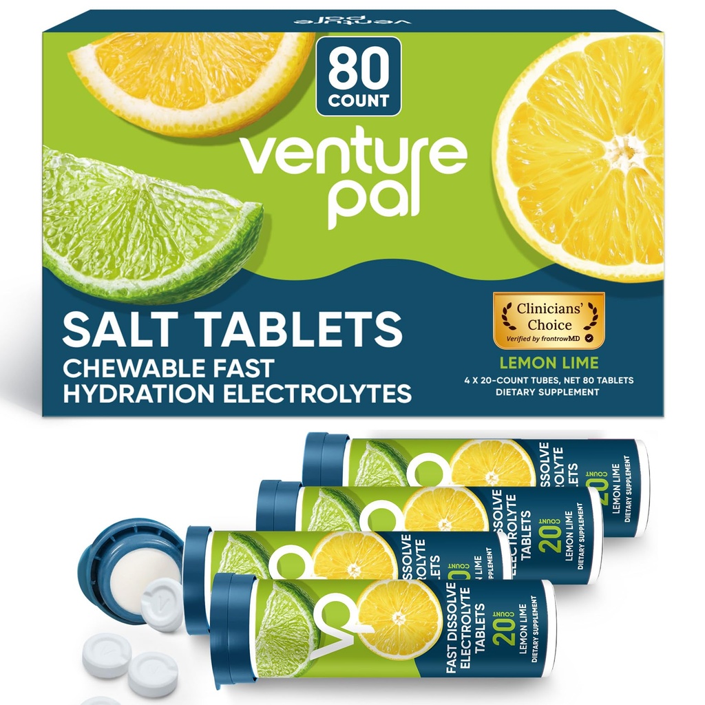 Venture Pal Tablettes électrolytiques à croquer, 80 Compte rapide Dissoudre les comprimés de sel de bâton sans sucre - lot de variétés pour l'hydratation rapide, la course en plein air, la randonnée, les sports