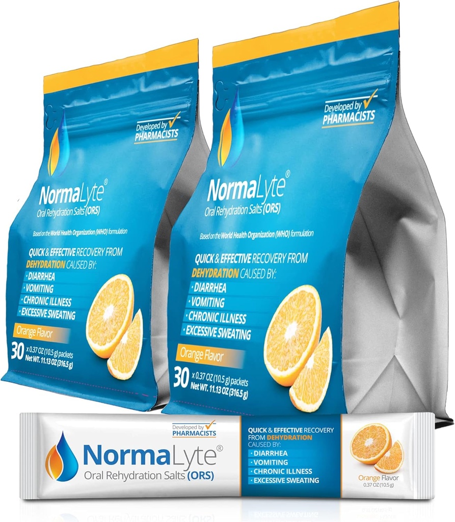 NormaLyte Oral Rehydration Salts-2 Pouches - 60 Sticks (Yields 500mL pro Pack)-Orange| Energy Supplements, Kalium Supplement, Dehydration Recovery und schnelle Absorption