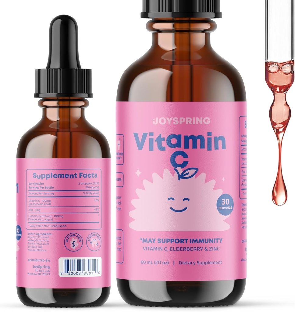 JoySpring Vitamin C + Elderberry Tropfen + Zink für Kinder Immununterstützung, Genie Tropfen für Fokus, und Vitamin D für Kinder