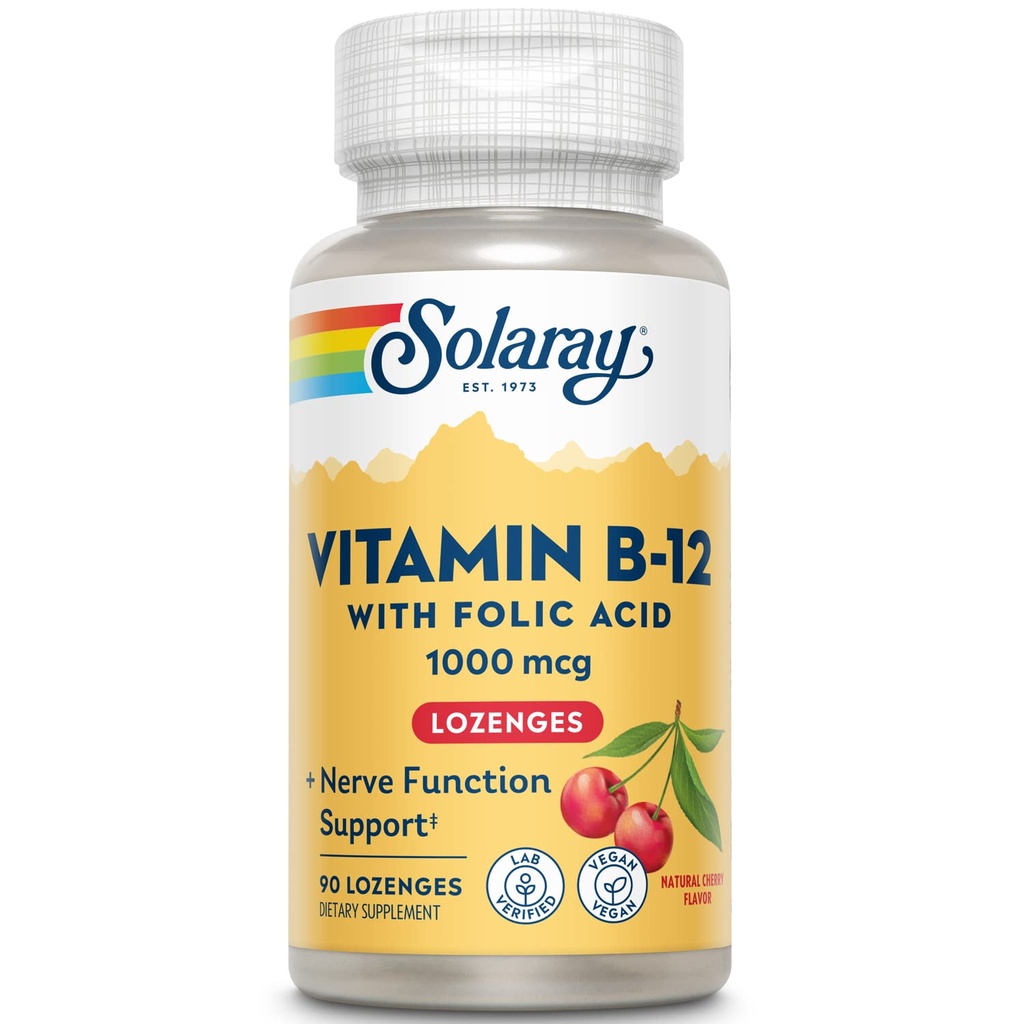 SOLARAY Vitamin B-12 1000mcg Lozenges mit Folsäure | Natürliche Kirsche Geschmack | Gesunde Energie Unterstützung | 90CT