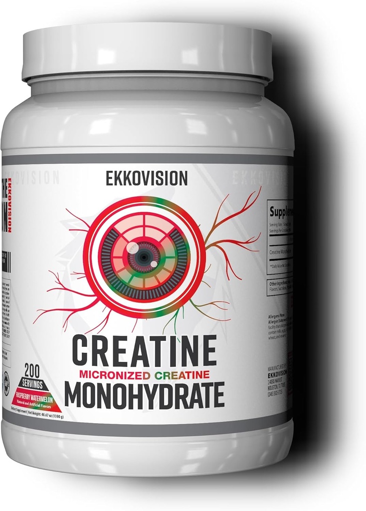Ekkovision Kreatin Monohydrat-Pulver, Mikronisiert, Himbeere Wassermelone, Pre & Post Workout-Ergänzung für Männer und Frauen, Energie-Unterstützung, einfach in Shakes, Smoothies & Getränke, 200 Servierungen zu mischen