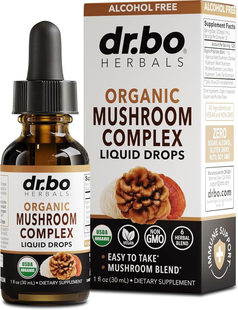 Bio Lions Mane Mushroom Complex - Pilz-Ergänzung Flüssigkeitstropfen für Fokus, Fog, Gehirn-Gesundheitsergänzungsmittel - Vegan, Kräuter Bio Lion's Mane Mushrooms, Reishi, Türkei Tail Extract 1oz