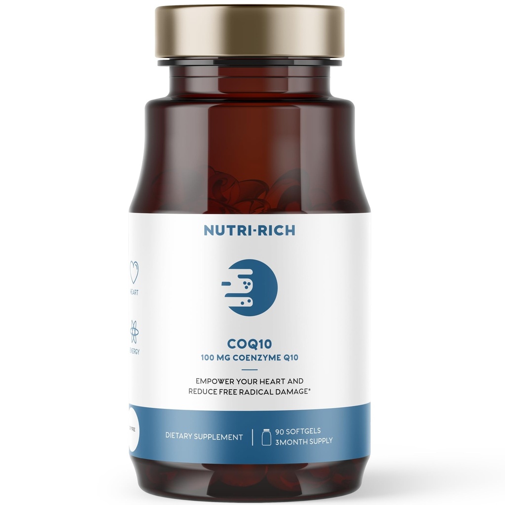 Nutri-Rich CoQ10 Softgels, Coenzyme Q10 Ubiquinone pour le coeur et l'énergie, l'utilisation de statine et la santé cellulaire, tiers testés, la qualité des BPF, aucun additif artificiel, aucun soja, sans gluten, 90 Compte