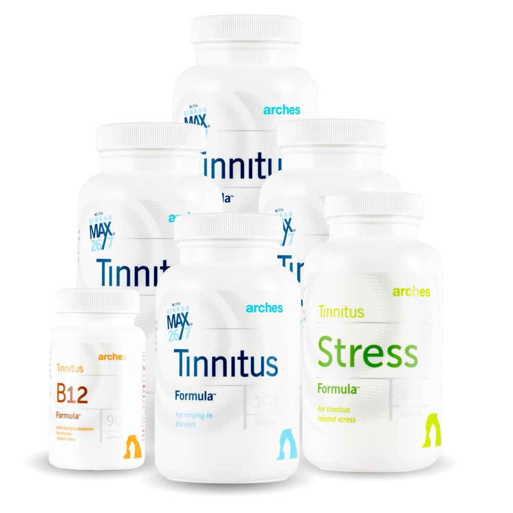 Arches Tinnitus Combo Pack - jetzt mit Ginkgo Max 26/7 - Natürliche Tinnitus-Behandlung für Relief von Ringohren - 6 Flaschen - 90 Tage Versorgung