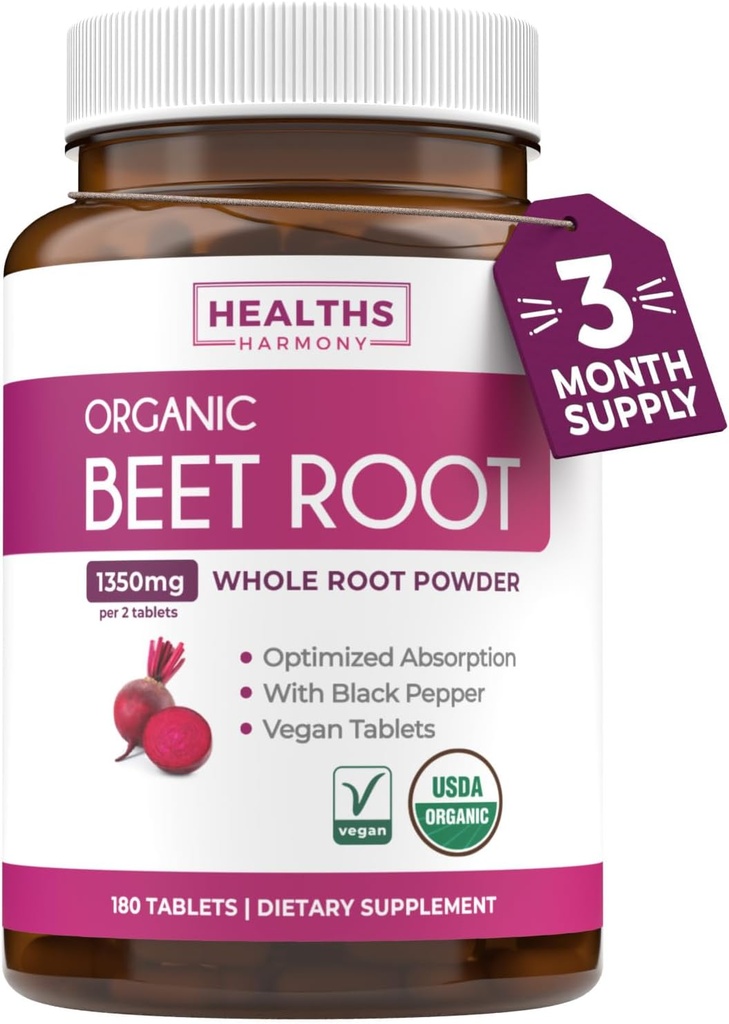 Organic Beet Root Powder Tablets - Extra Strength Beet Supplement mit schwarzem Pfeffer Extrakt für verbesserte Absorption zur Unterstützung von Herz-Gesundheit Nitric Oxide Produktion & Athletic Performance (3 Monate)